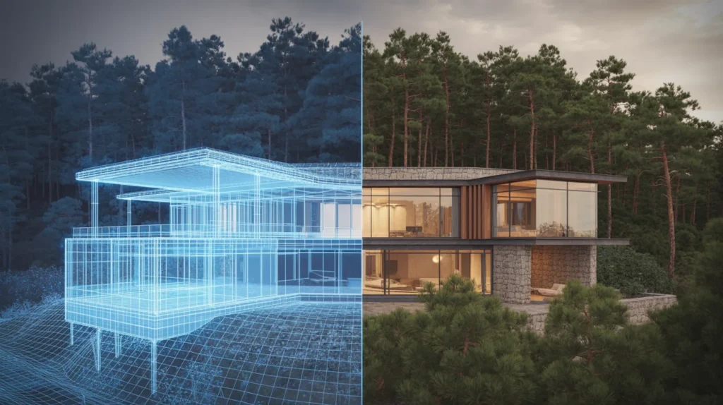 BIM modeling and site analysis for a custom home in Georgia showing the transition from digital design to construction.