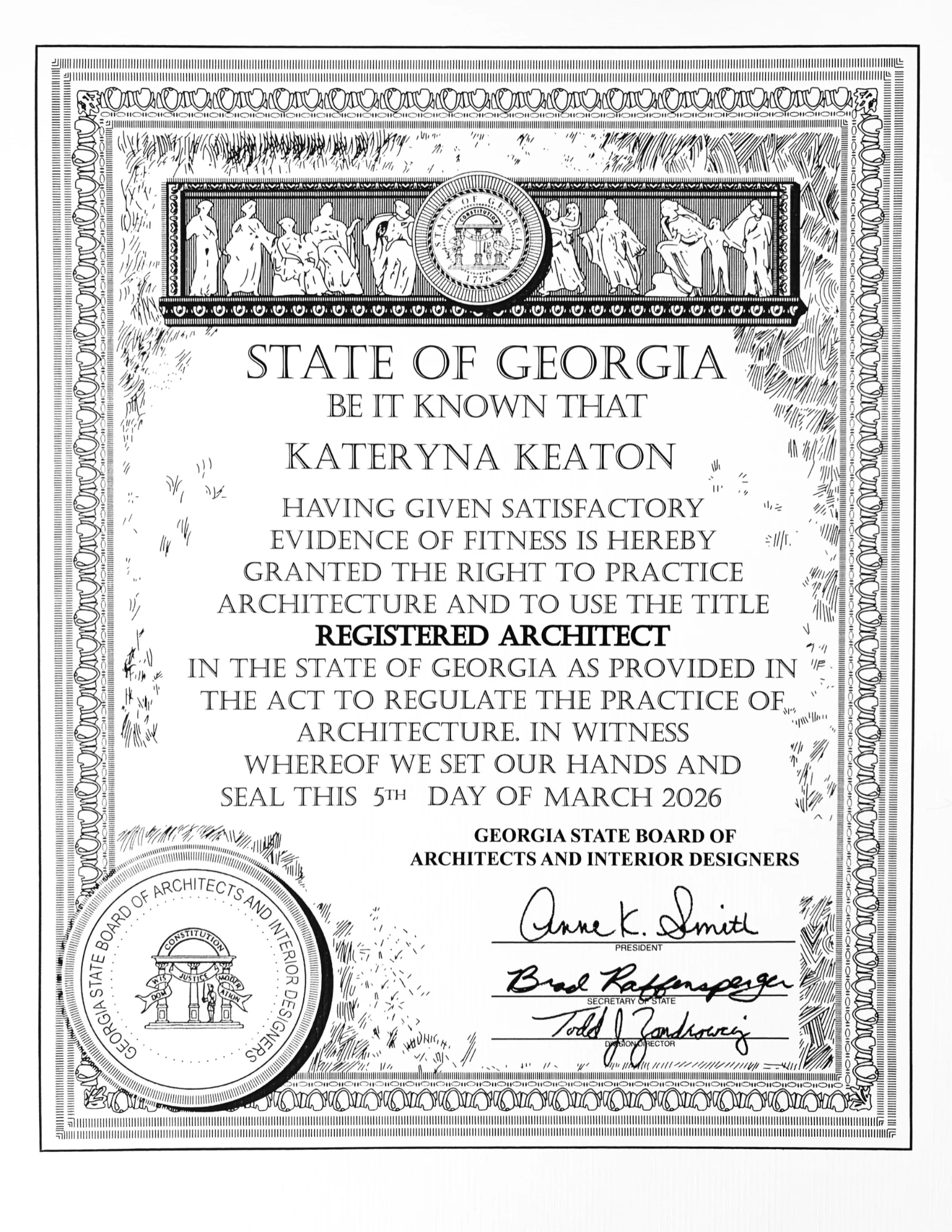 State of Georgia Registered Architect License No. RA018370 for Kateryna Keaton
