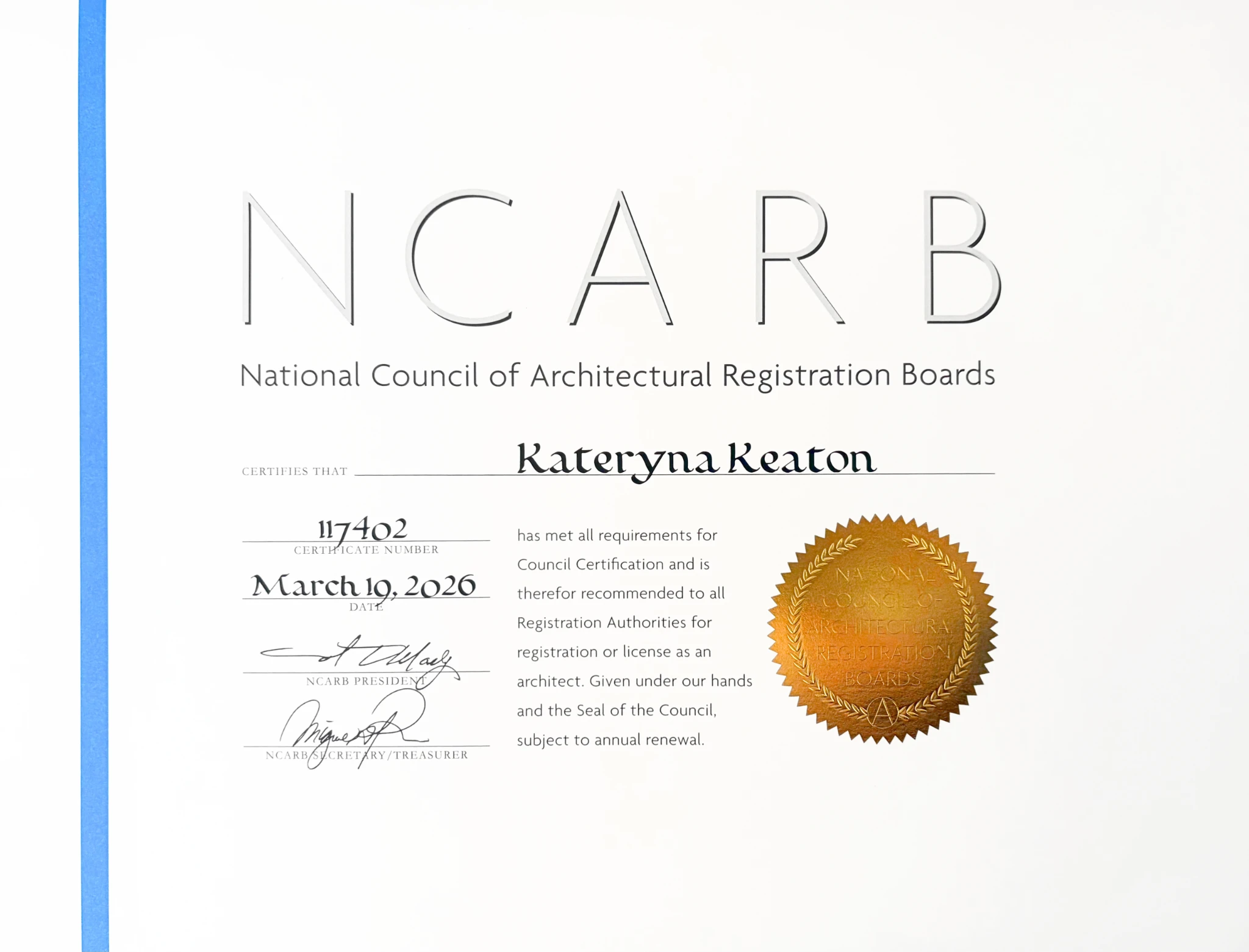 NCARB Architectural Registration Certificate No. 117402 for Kateryna Keaton