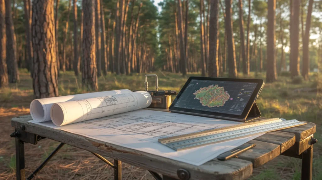 Architectural blueprints and topographic maps used for a pre-purchase land feasibility study on a wooded lot in North Georgia
