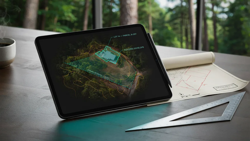 Architect analyzing topographical data and zoning setbacks for a land feasibility study in North Georgia.
