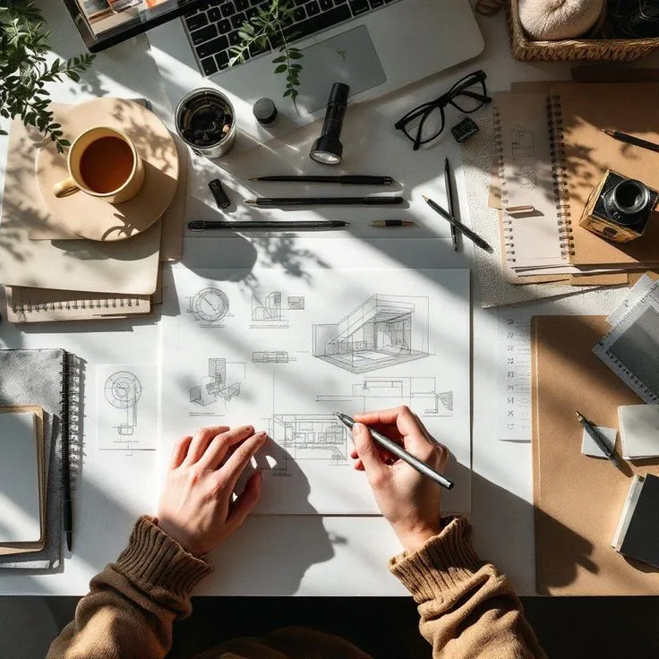 premium house blueprints with calculator and coffee top view