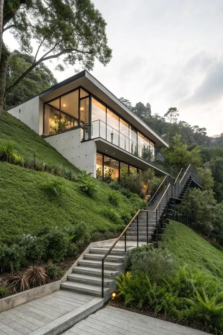 custom home construction site on sloped lot in forest