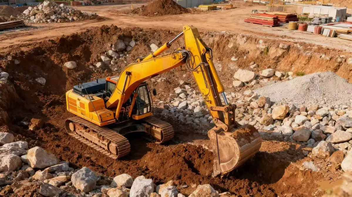 Excavator clearing red clay and granite rock for a custom home foundation in North Georgia