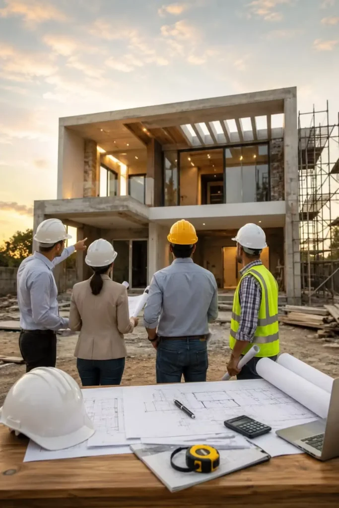 Primary SEO (Best for blog posts): alt="Architects and engineers reviewing blueprints at a modern custom home construction site" Brand-Focused (for Kteam Architects): alt="Kteam Architects conducting a strategic planning site visit for a modern residential build