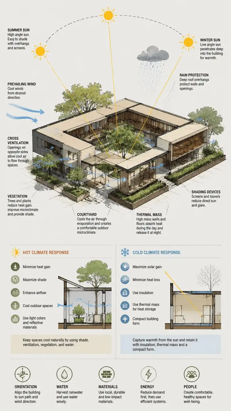 Solar orientation diagram and site strategy for an energy-efficient custom residential design.